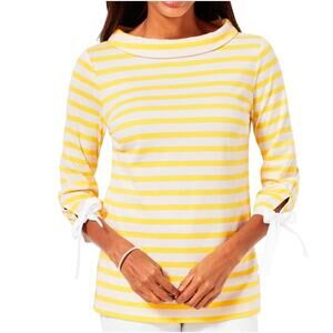 Talbots Sabrina Yellow White Top Size Large Portrait Neckline 3/4 Bow Sleeves